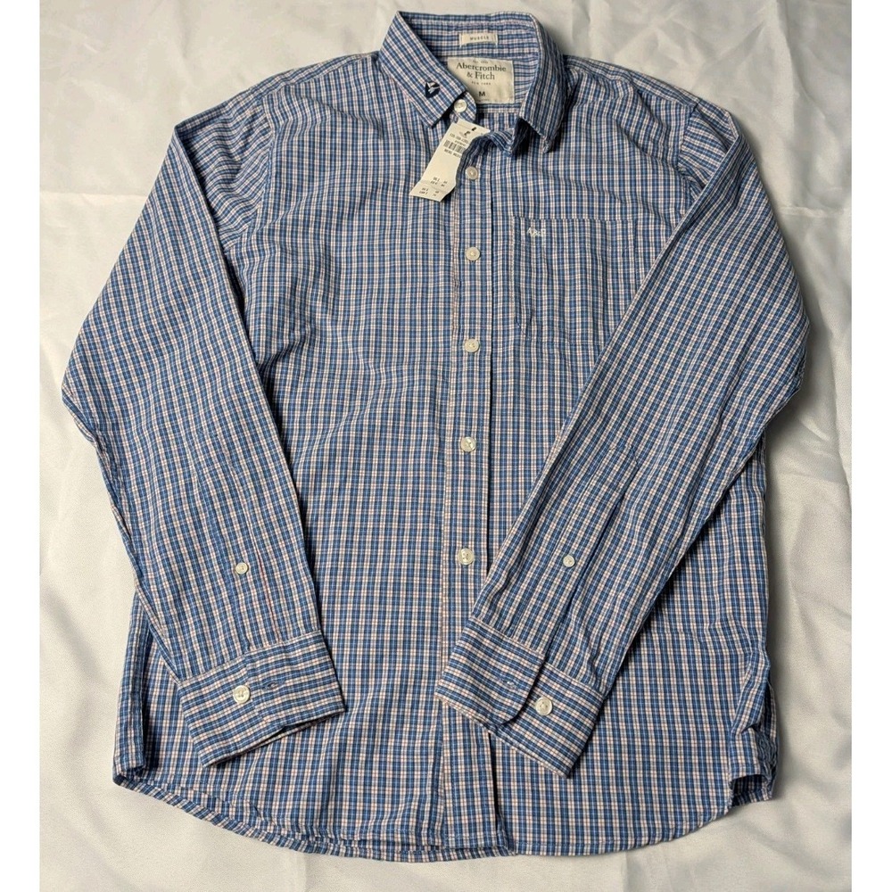 Abercrombie & Fitch Mens Medium Muscle Fit NWT‎ Blue Checkered Long Sleeve Shirt